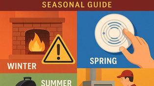 Seasonal fire prevention graphic with illustrations of a fireplace (winter), smoke alarm (spring), barbecue (summer), and furnace inspection (fall).