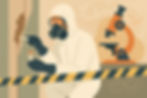 Abstract illustration of a contractor in protective gear and respirator collecting asbestos samples from an interior wall, with caution tape and sample vials nearby.