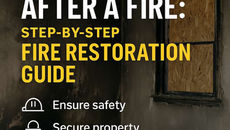 Fire-damaged room with charred walls and boarded-up window, overlaid bold text reading “What to Do After a Fire: Step-by-Step Fire Restoration Guide” with checklist icons.