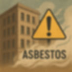 Illustration of an old brick building in Winnipeg with caution signs and swirling dust, symbolizing hidden asbestos hazards before renovation or demolition.
