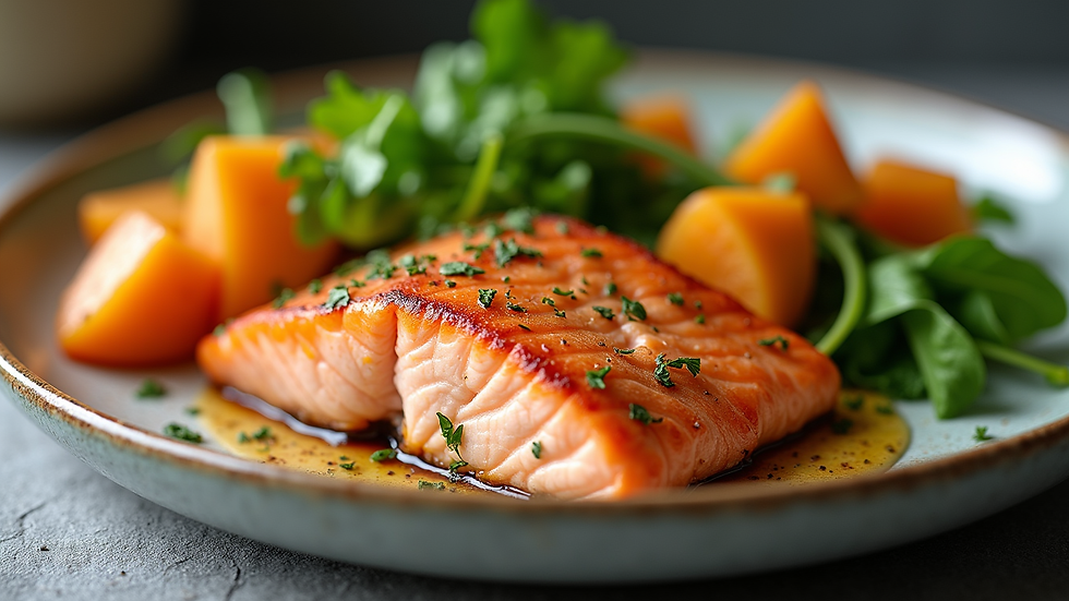 Close-up of a colorful plate with grilled salmon, sweet potato, and mixed greens