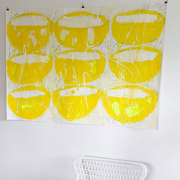 IM1 15_Impression_ SCHALEN IN GELB_06_ F 140 * 100 cm bxh /geteilt mittig
Papier weiss, Gouache, Acryl, Graphit ohne Rahmen, Ulrike Nikol