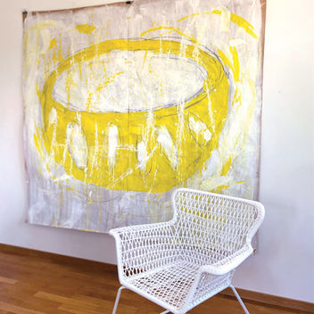 SCHALEN IN GELB_03_ WASSER DER FÜLLE, F 200 * 180 cm bxh /geteilt mittig
Papier dünn braun, Gouache, Acryl, Graphit ohne Rahmen