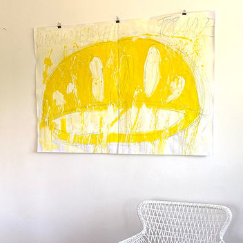 IM1 13_Impression_ SCHALEN IN GELB_04, F 140 * 100 cm bxh /geteilt mittig
Papier dünn braun, Gouache, Acryl, Graphit ohne Rahmen, Ulrike Nikol