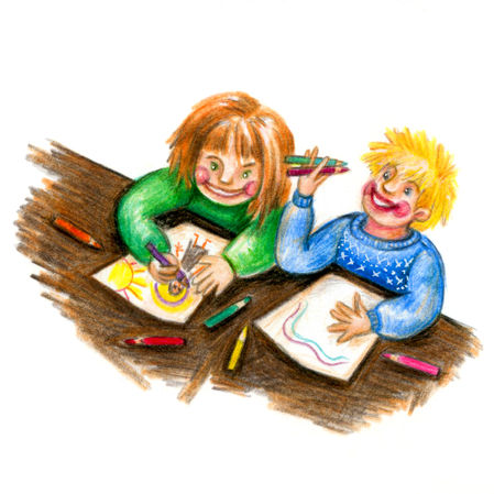 Illustration für Kinder – zwei Kinder zeichnen am Tisch und lachen