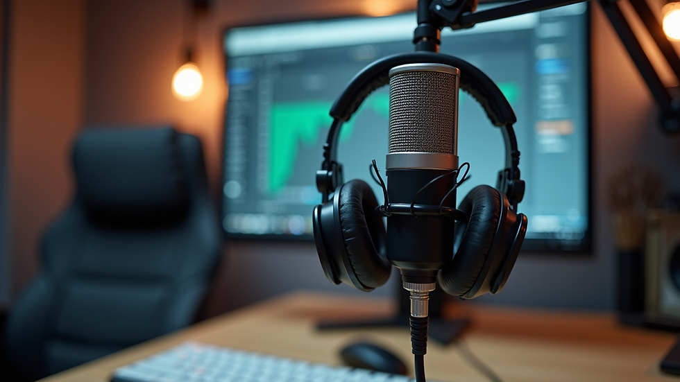 Eye-level view of radio studio with microphone and headphones