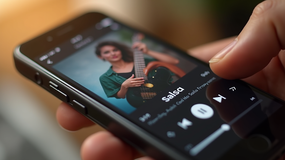 Close-up view of smartphone screen showing a radio app playing salsa music