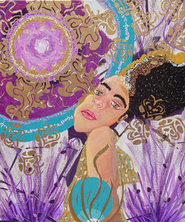 Gleam, mixed media art by Brittni Dianna. Acrylic, oil, spray paint, Bible pages, breast cancer, motherhood.