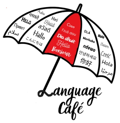 Language Café logo. An umbrella filled with world flags and the words Language Café as the handle.