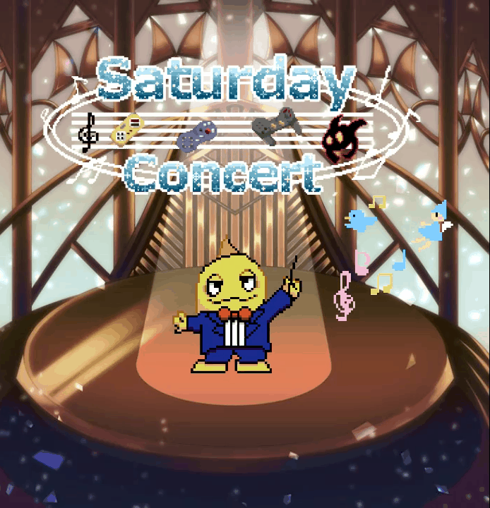 「SaturdayConcert」のタイトル、指揮棒を振る架空のキャラクター、オペラのような背景、イラスト