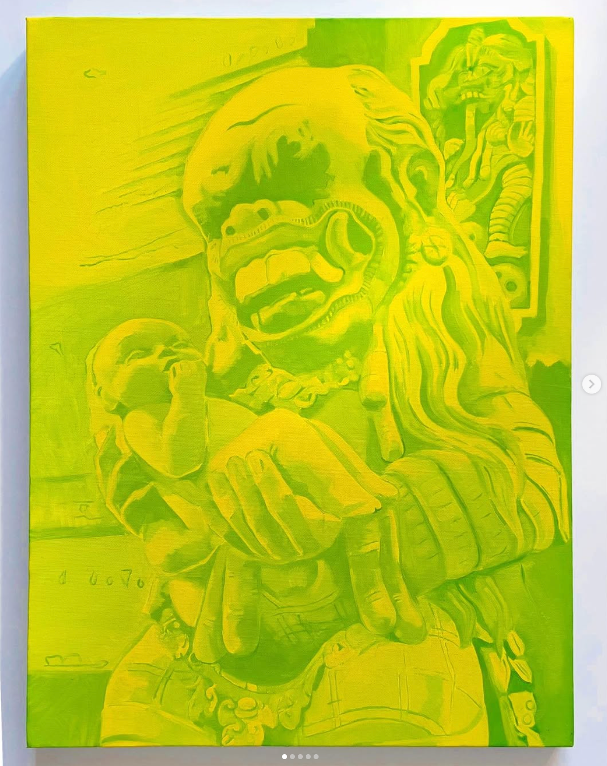 Neon yellow-green surreal painting of a screaming skull-like figure holding a baby, with another face in the background.