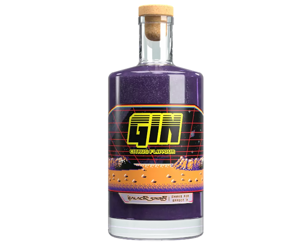 Lila, csillogó gines üveg, a címkéjén űrbéli tájjal, gin felirattal