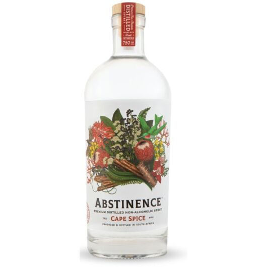 Átlátszó üvegben átlátszó ital, fehér címke gyümölcsökkel, Abstinence Cape Spice felirattal