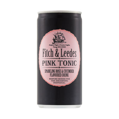 Rózsaszín-fekete tonikos doboz Fitch & Leedes Pink Tonic felirattal