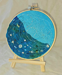 Sea-themed abstract textile art in 6 inch natural wood embroidery hoop.