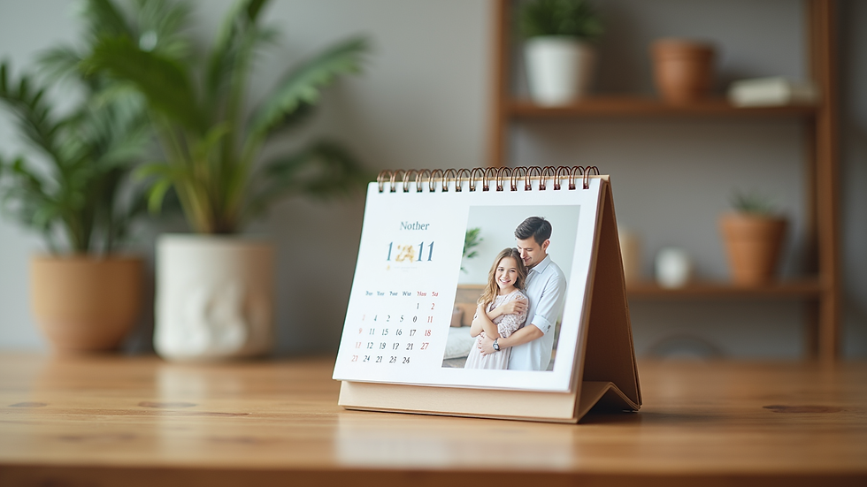 Close-up of a personalised photo calendar on a wooden table