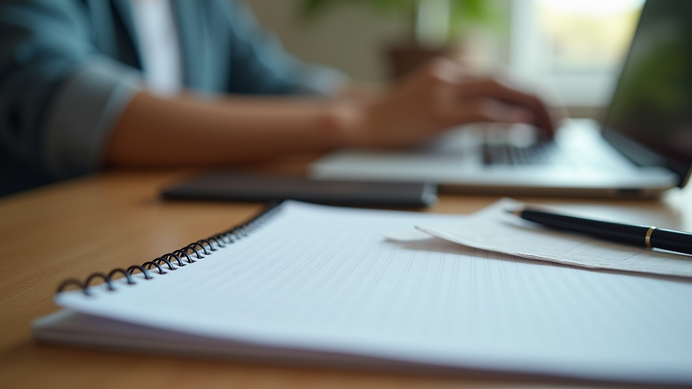 Close-up view of a therapist’s desk with a notebook and a laptop