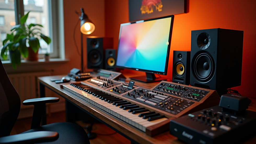 High angle view of a home studio with recording equipment