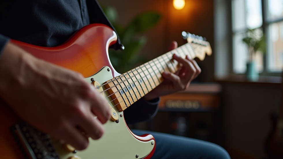 Close-up view of a musician tuning a guitar in a rehearsal space