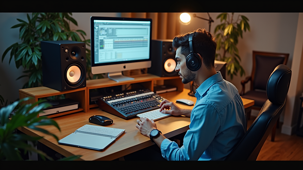 High angle view of a student working on music production