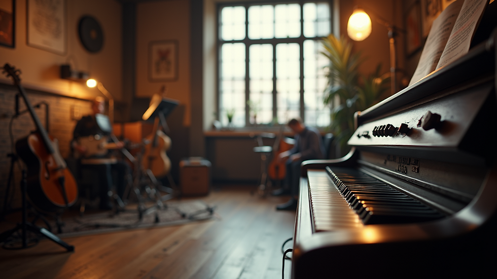 Eye-level view of a bustling music studio with instruments