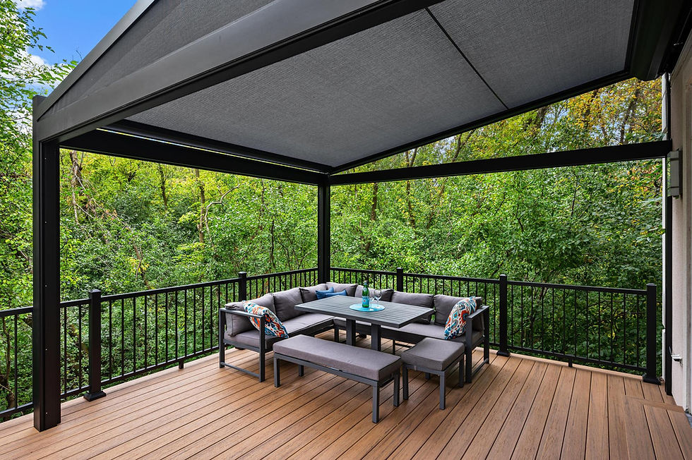 Enclosed patio dining area designed for three-season use