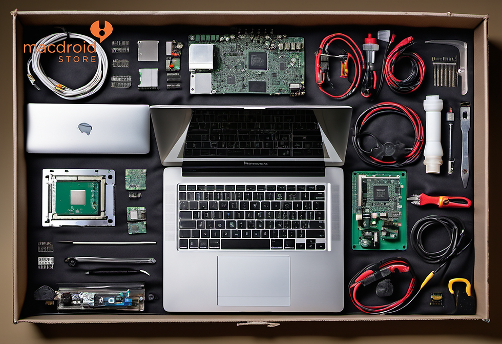 MacBook laptop opened on a clean repair bench at Macdroid Store East Orlando, motherboard exposed with precision tools laid alongside