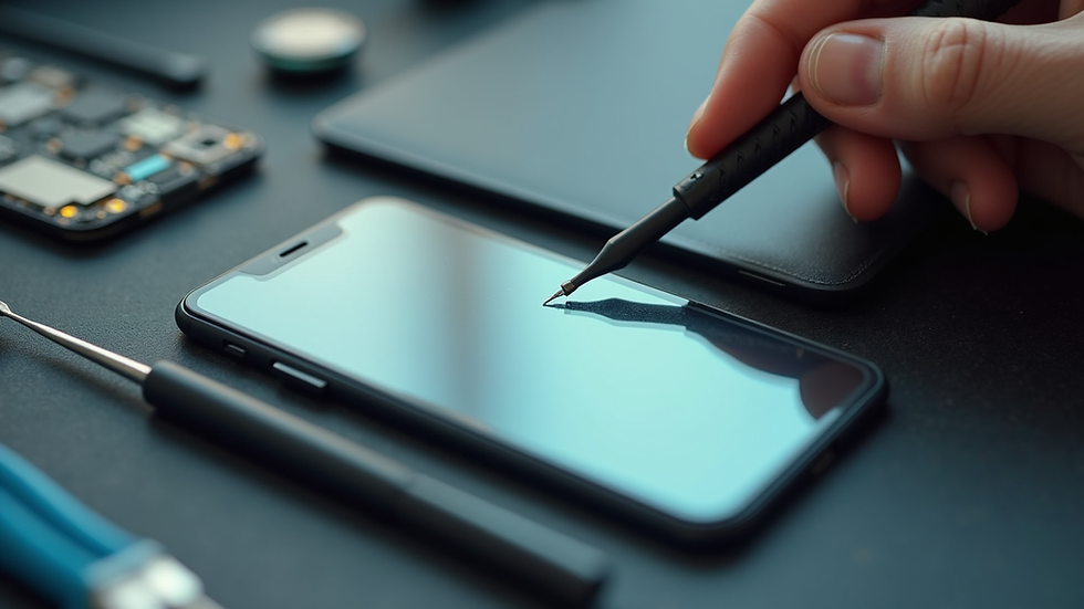 Eye-level view of a smartphone repair kit with tools and replacement screen