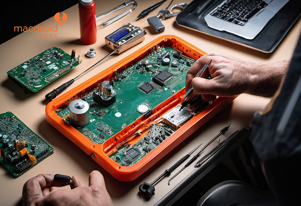 Top-down view of professional microsoldering workspace at Macdroid Store East Orlando — smartphone PCB centered with technician hands holding soldering iron and tweezers
