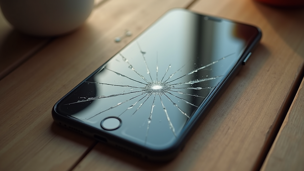 Close-up view of a cracked iPhone screen on a wooden table