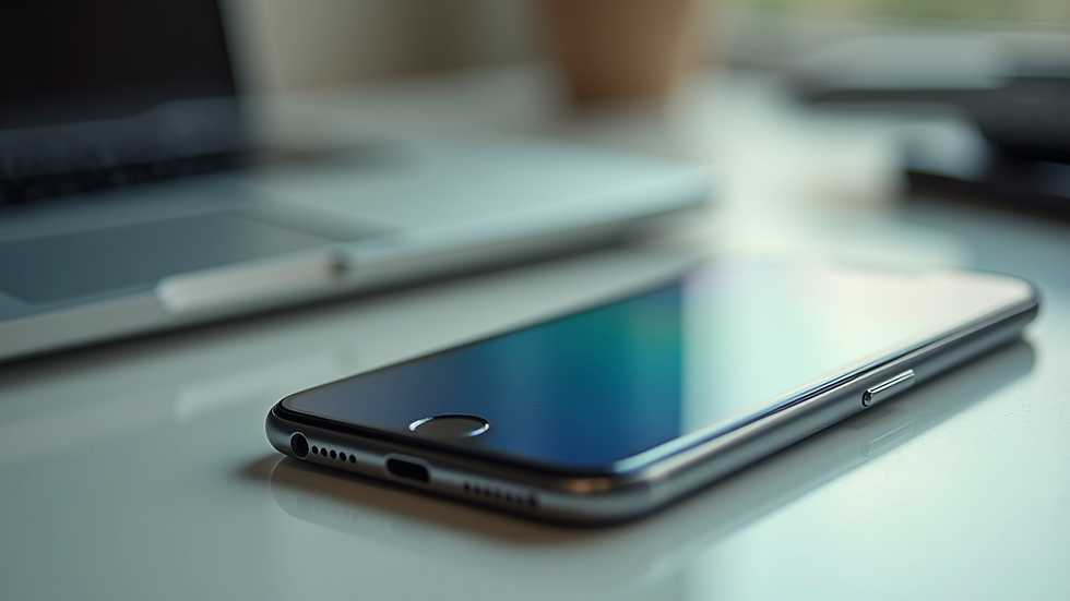 Eye-level view of a repaired iPhone with a new screen on a clean desk