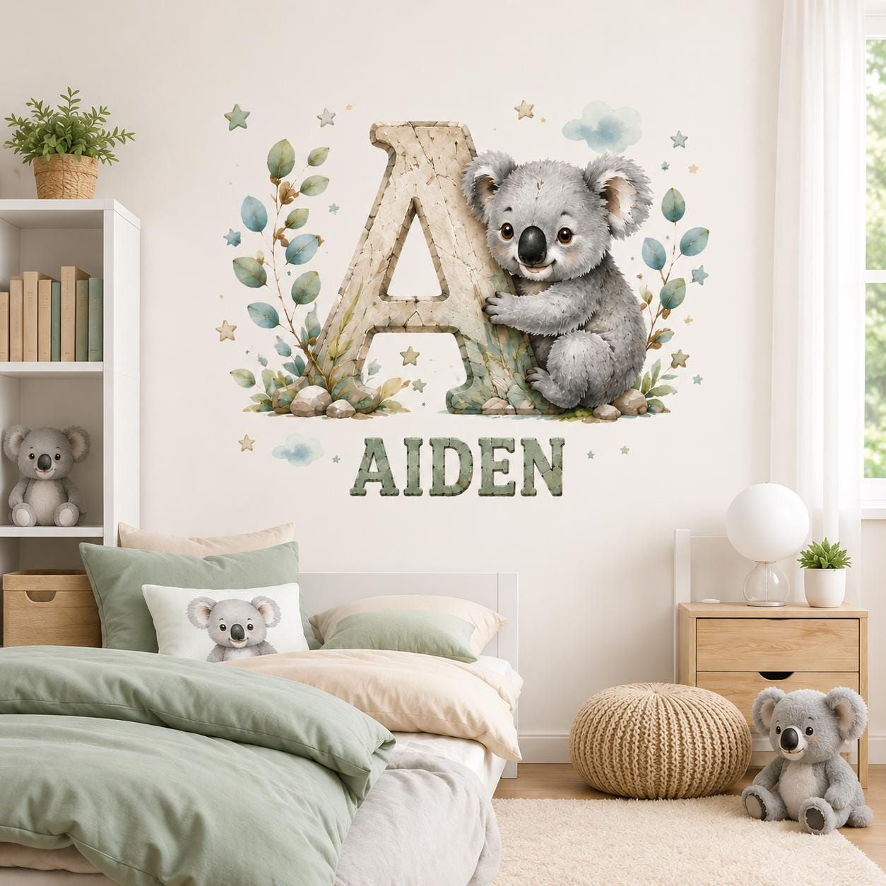 Personalized Koala Initial Wall Decal, Custom Name Nursery Sticker, Watercolor Woodland Kids Room De