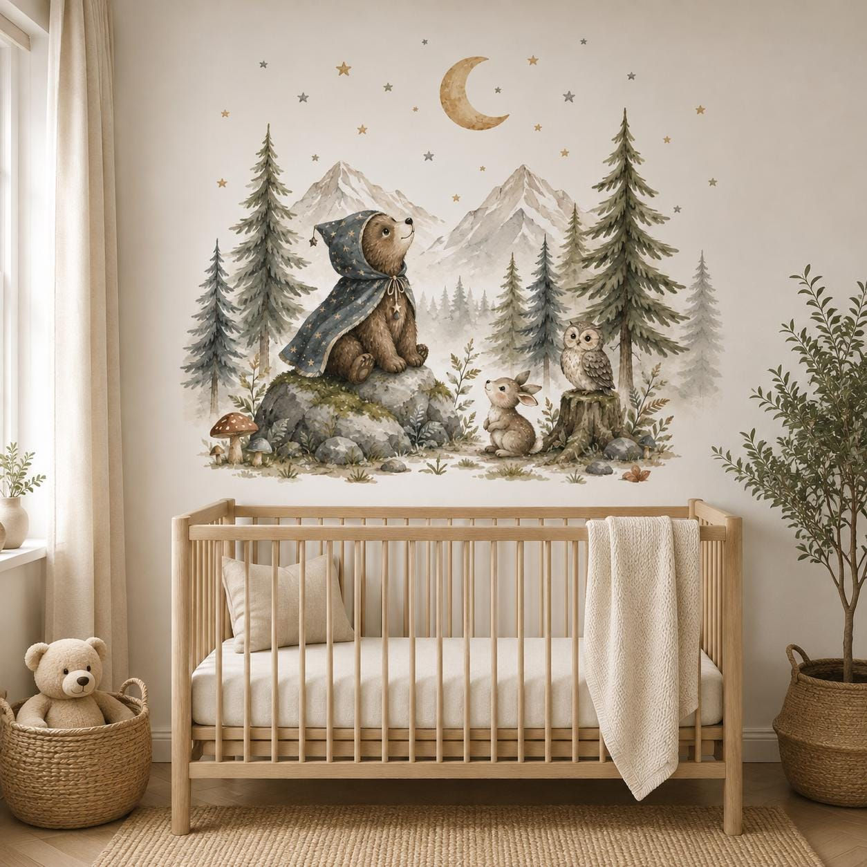 Magical Bear Moon Wall Decal, Watercolor Forest Nursery Sticker (Peel-and-Stick Vinyl)