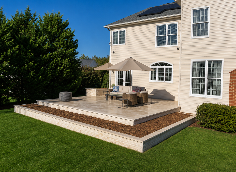 Modern patio installation with outdoor seating — custom hardscaping by Custom Outdoor Solutions in Northern Virginia
