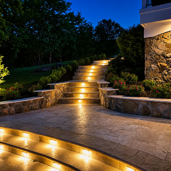 Custom hardscape step lighting and landscape accent lighting on travertine staircase and retaining wall at night - Northern V