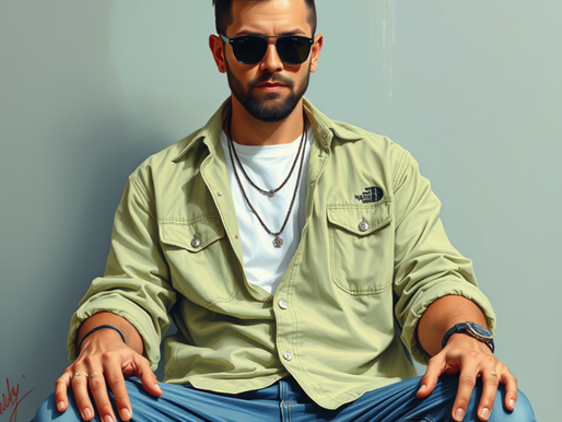 Man in sunglasses and a light green shirt sits against a gray background, wearing layered necklaces. Mood is cool and confident.