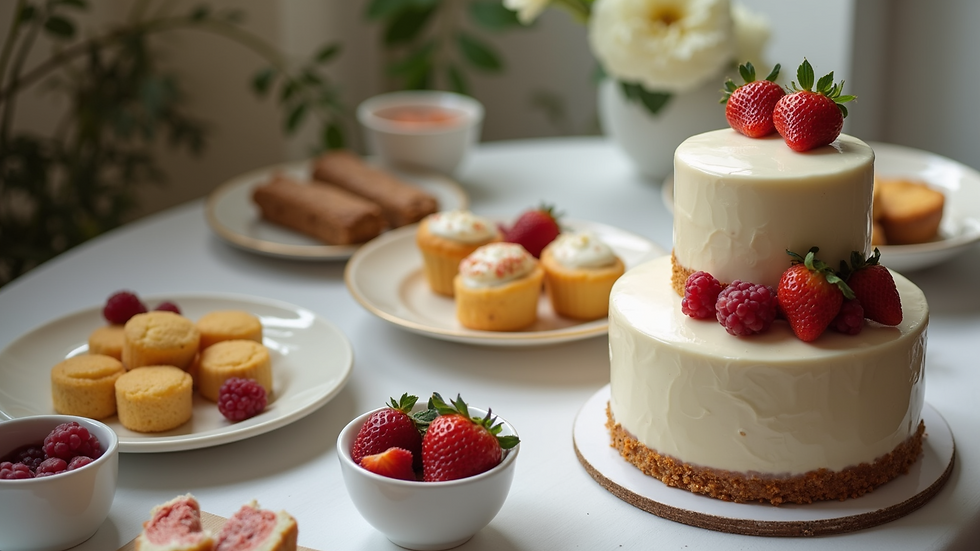 High angle view of a wedding cake and dessert tasting setup
