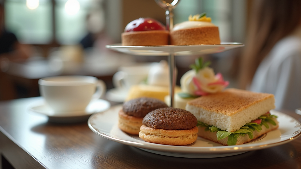 Close-up of a beautifully arranged high tea platter with sandwiches and pastries