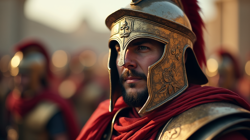 Eye-level view of a Roman soldier in battle armor