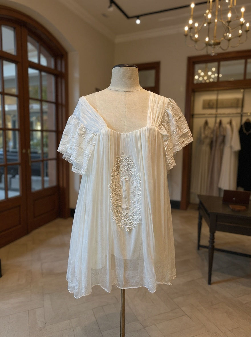 floaty silk top with antique lace on a mannequin .Easy loose elegant fit with satin lining.
