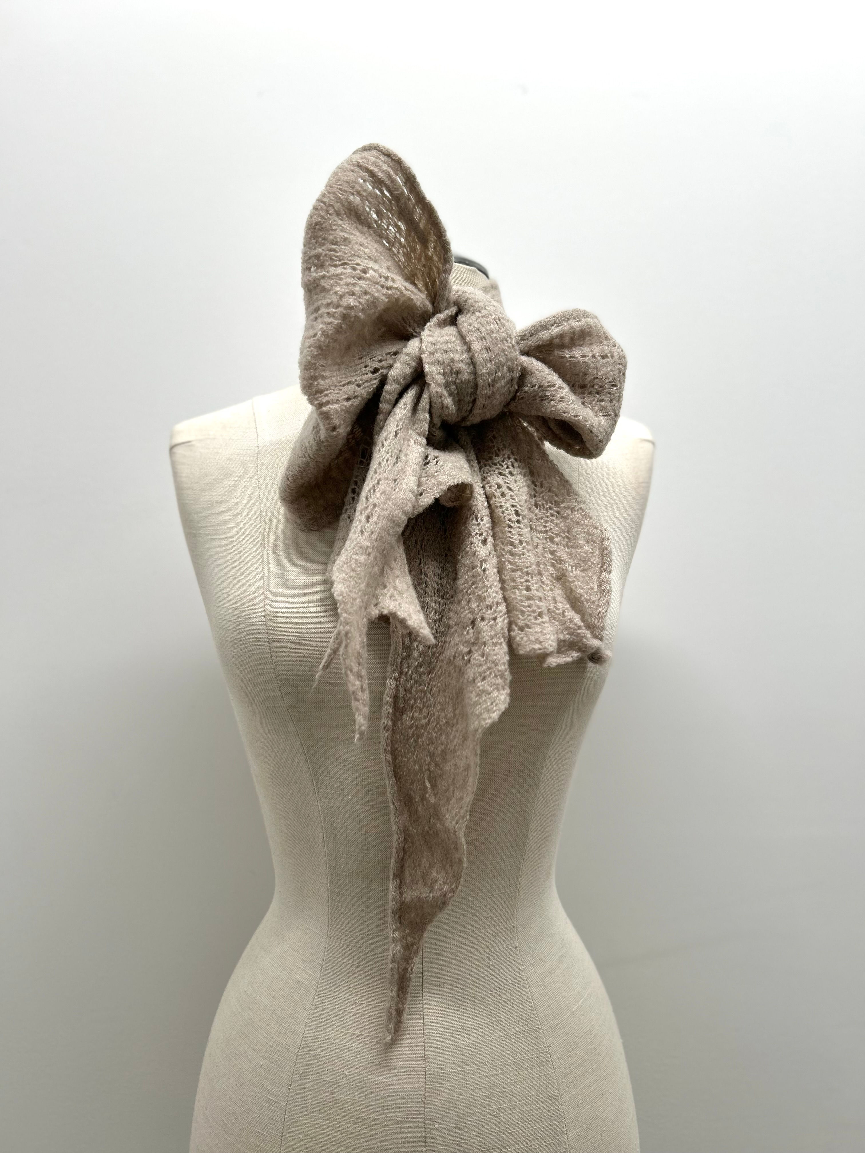 Mushroom merino wool scarf with lace like felted texture.Hand made in Vancouver on a singer knitting machine.Unique, cosy