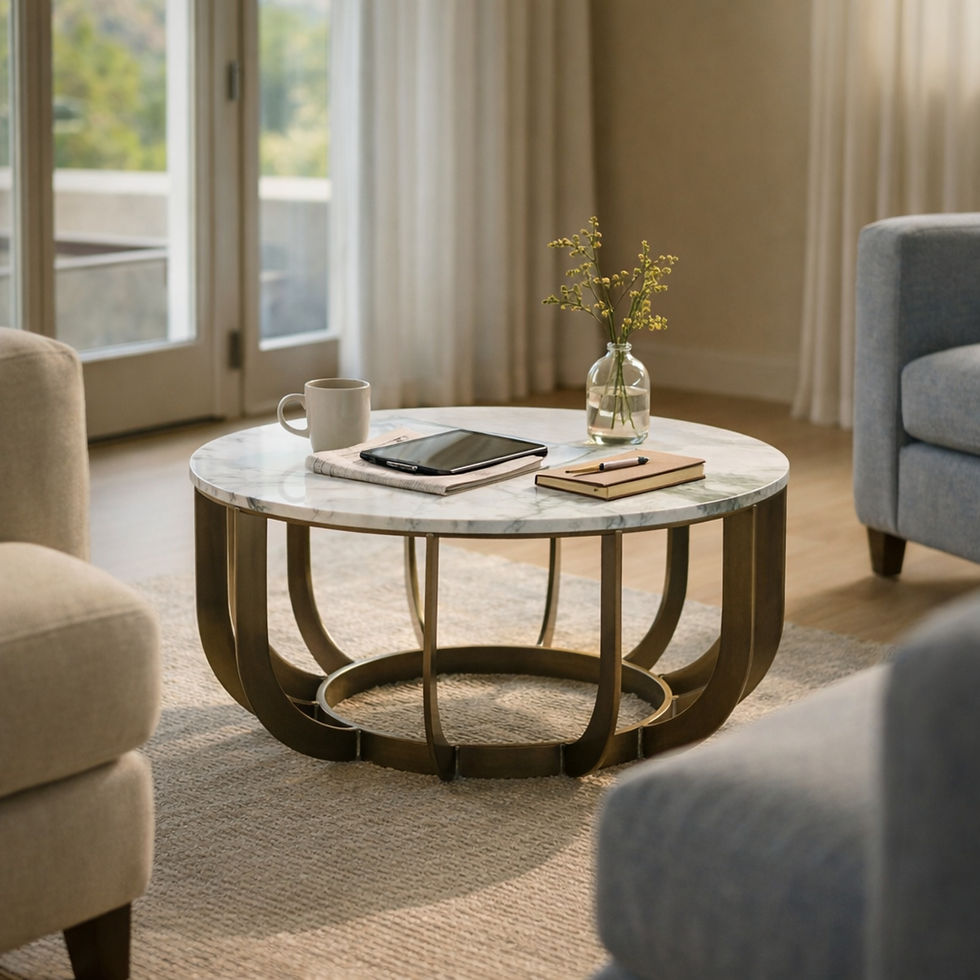 Thumbnail: Wide living room showing Aeron Panda marble cocktail table scaled within seating area