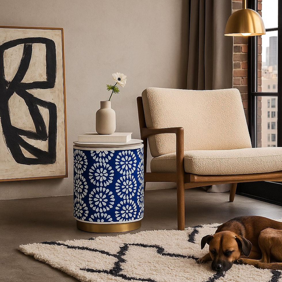 Castille Bone Inlay Accent Table – Natural Camel Bone with Blue Resin and Antique Gold Iron Base by WSMB Imports
