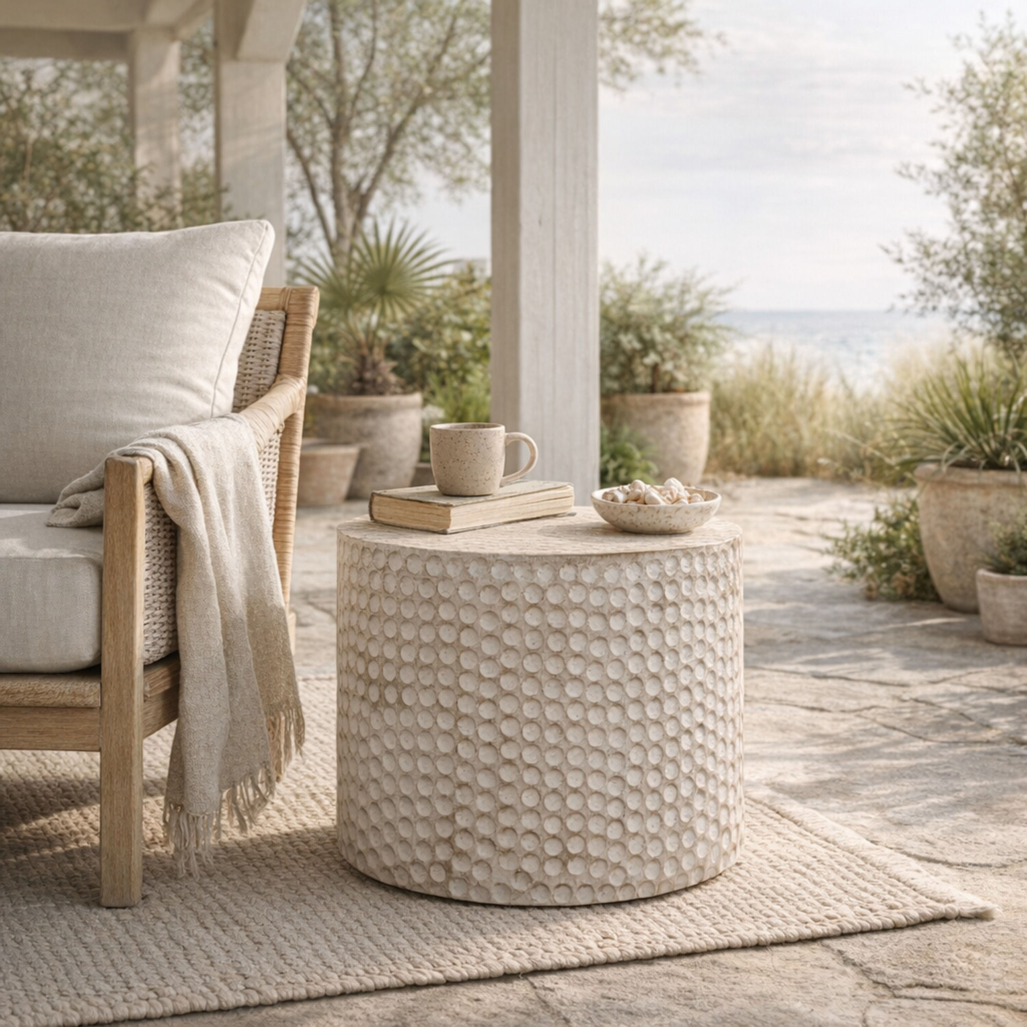 Coastal veranda setting with carved Dot mango wood side table