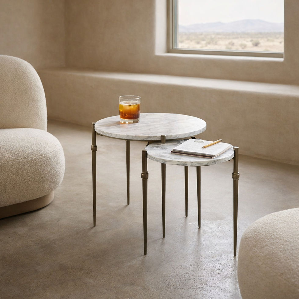 Thumbnail: Anthony nesting accent tables with book and drink in minimalist living room, antique brass iron
