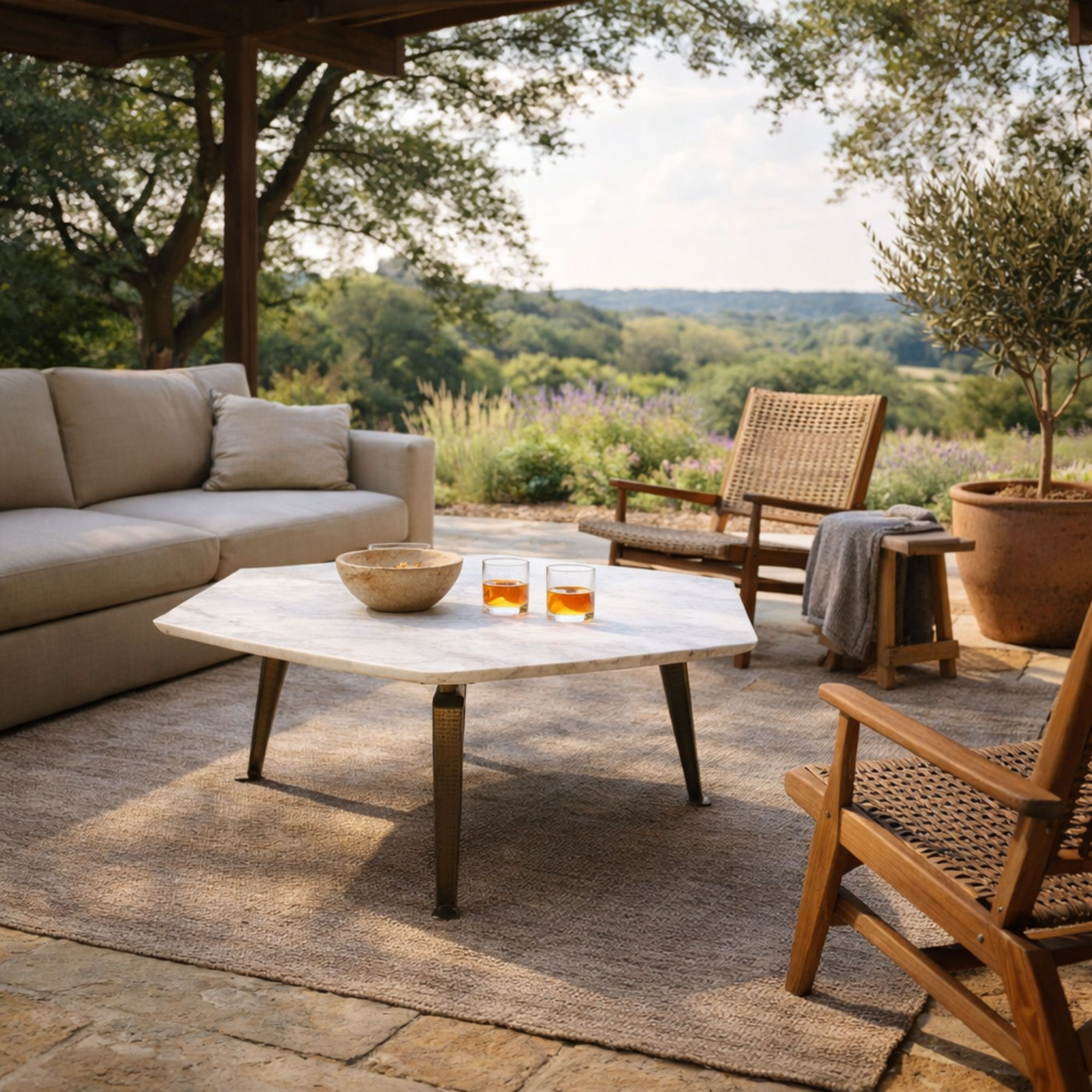 Octo cocktail table styled in Hill Country living room with natural stone and brass base