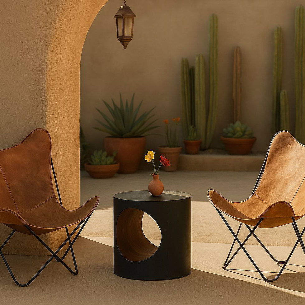 luna wood spot table in marfa courtyard patio with butterfly chairs – wsmbimports