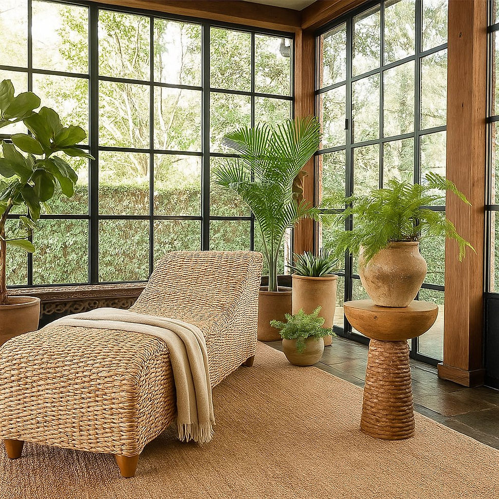 Mambo Wood Accent Table in River Oaks garden room with fern planter – WSMB Imports