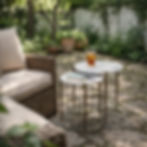 Anthony nesting accent tables in Texas garden courtyard with stone flooring, cloud marble