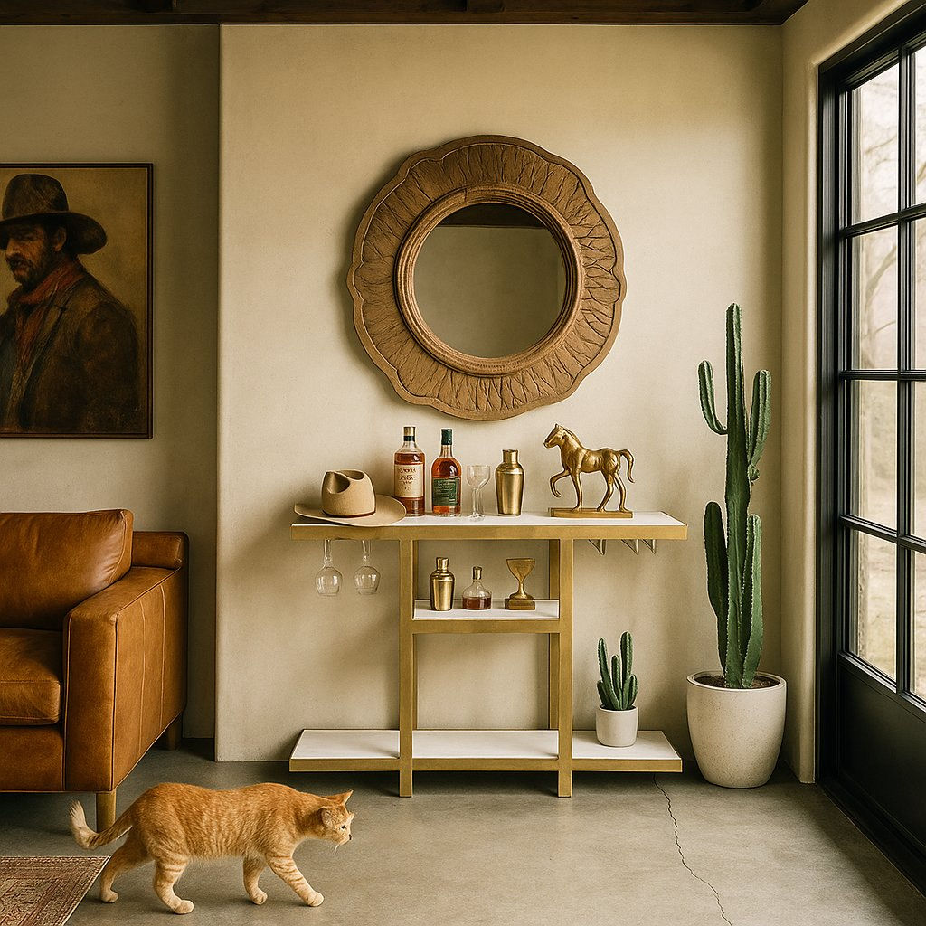 Altus bar console with boho carved wood mirror and cactus – wsmbimports